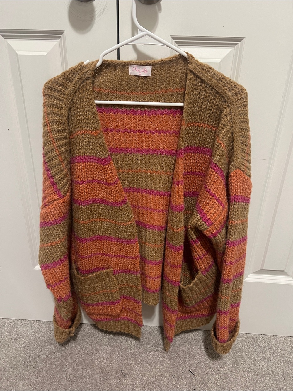 Pink Lilly Chunky Striped Open-Front Cardigan in Brown, Pink & Orange